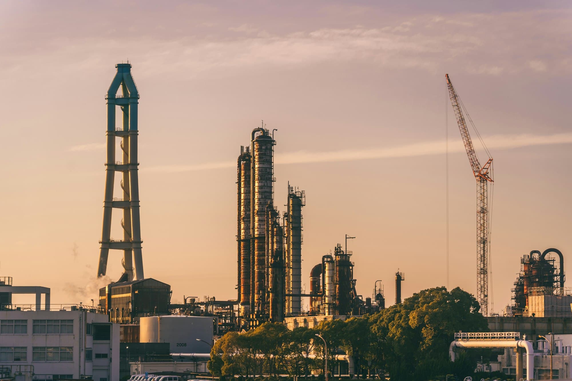 Industrial process plant at sunset